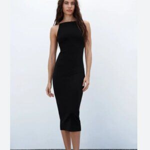 NWT Zara Black Bodycon Square Neck Strappy Midi Cocktail Dress
